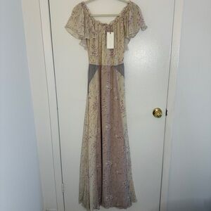 LoveShackFancy NWT Evelyn Off the Shoulder Cream and Pink Maxi Dress 100% Silk